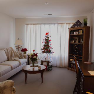 A cozy living room adorned with Christmas decorations, featuring a sofa, coffee table, and a bookshelf.