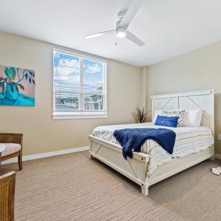 A cozy bedroom with a white bed, carpeted floor, and a ceiling fan under natural light from the window.