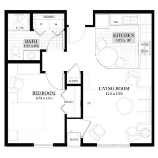 Floor plan of a one-bedroom apartment featuring a living room, kitchen, bathroom, and bedroom.