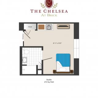 Floor plan of a studio apartment at The Chelsea, featuring a living area, kitchen, and bathroom.