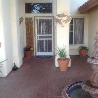 A cozy porch with potted plants and a decorative fountain.