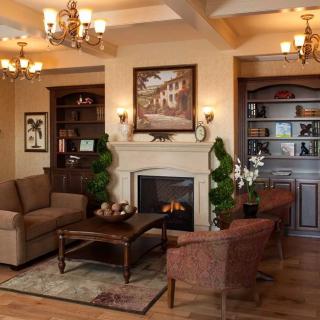 A cozy living room with a fireplace, comfortable seating, and elegant decor.