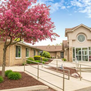 A beautiful building surrounded by lush landscaping and a vibrant pink tree, welcoming visitors on a lovely spring day.