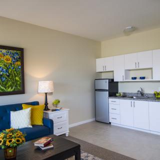 A modern apartment interior featuring a cozy living room with a blue sofa and a compact kitchenette.