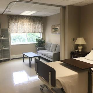 A serene hospital patient room featuring a bed, a sofa, and natural light from the window.