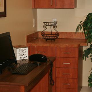 A tidy office corner with a desk, computer, and telephone, complemented by wooden cabinets and a potted plant.