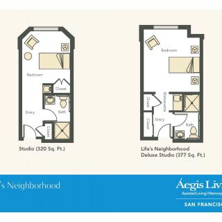 Floor plans for two different studio apartments, one measuring 328 sq. ft and the other 377 sq. ft.