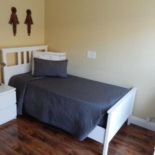 A minimalist bedroom featuring a single bed with dark bedding on a wooden floor.