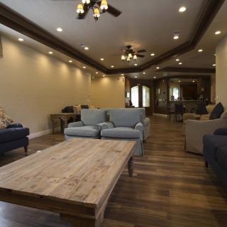 Spacious living room with modern lighting and comfortable seating.