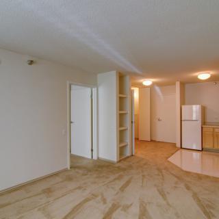 A modern and empty apartment interior with an open living area and kitchen.