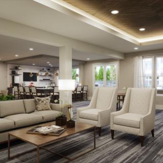 A modern living room with comfortable seating and elegant decor.