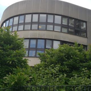 A modern building surrounded by lush greenery.