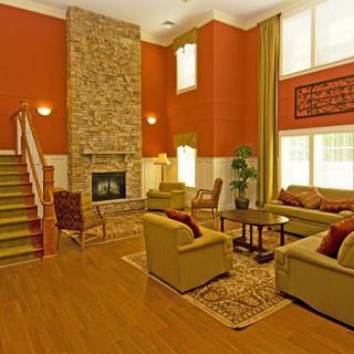 A spacious living room with vibrant orange walls, featuring a stone fireplace, comfortable sofas, and elegant decor.