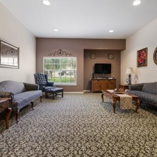 A comfortable living room featuring classic furniture and a patterned carpet.
