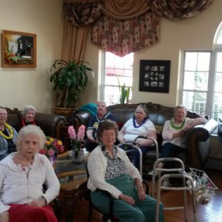 A group of seniors sitting together in a living room, enjoying a social gathering.