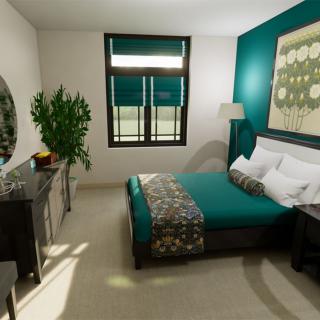 A modern bedroom with teal accents features a bed, artwork, and a large plant.