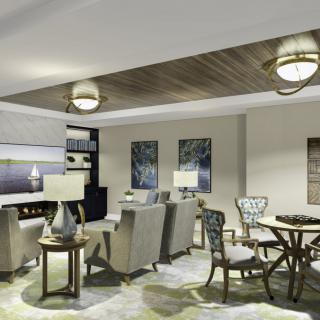 A modern living room with comfortable seating, stylish lighting, and elegant decor.