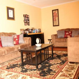A cozy living room with comfortable sofas, a coffee table, and decorative elements.