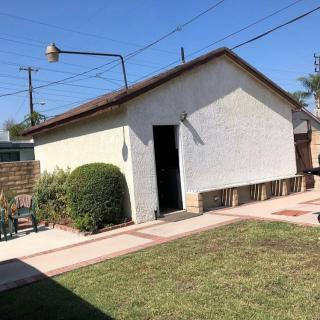A sunny backyard featuring a small shed and well-kept lawn.
