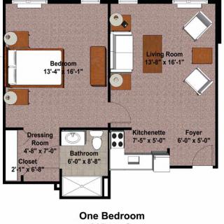 A one-bedroom apartment floor plan featuring a living room, kitchen, bathroom, and closet.