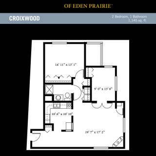 A floor plan of a two-bedroom apartment with labeled rooms and layout details.