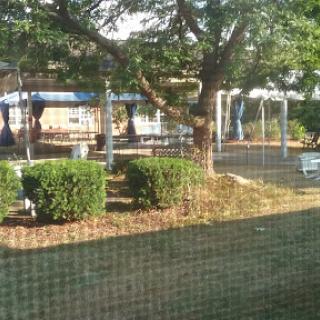 A serene playground setting surrounded by greenery.
