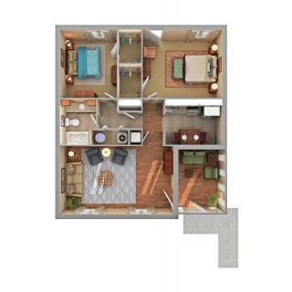 A detailed floor plan of a two-bedroom apartment, featuring a living room, kitchen, and bathroom.