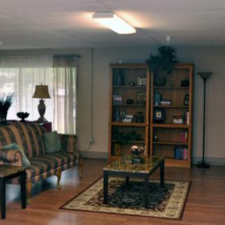 A cozy living room with a striped sofa, bookshelves, and a coffee table on a rug.