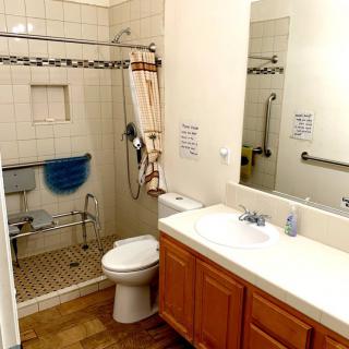 An accessible bathroom with a shower, toilet, sink, and handrails for support.