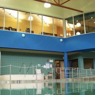 A spacious indoor area featuring blue walls and large windows, with a pool visible in the foreground.