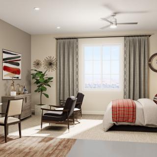 A modern and minimalist bedroom with elegant decor, featuring a bed, chairs, artwork, and a window with curtains.