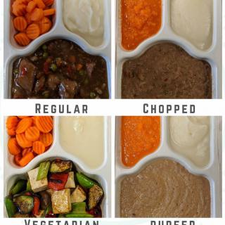 An image displaying different meal options: regular, chopped, vegetarian, and pureed.