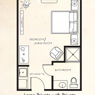 A floor plan layout of a studio apartment featuring a bedroom/living room, kitchenette, and bathroom.