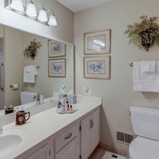 A tidy and well-decorated bathroom with a large mirror, sink, and neatly arranged decor.