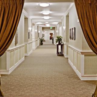 A well-lit hallway with curtains, carpeted flooring, and decorative elements.