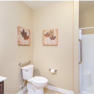 A modern bathroom featuring a toilet, shower, and decorative wall art.