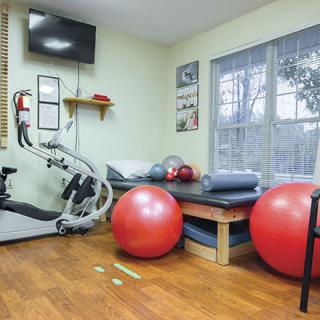 A home gym setup with exercise equipment including a treadmill, yoga mats, and exercise balls.