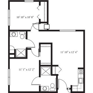 A floor plan of a two-bedroom apartment showing the layout with dimensions.