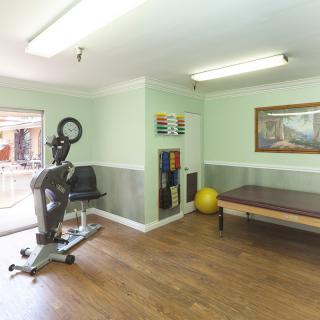 A bright physical therapy room featuring exercise equipment and a padded table.