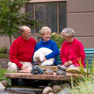 Three elderly people sitting on a bench, enjoying a conversation in an outdoor setting.