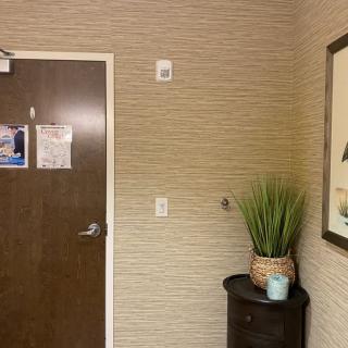 A hallway with a closed door, potted plant on a small table, and framed wall art.