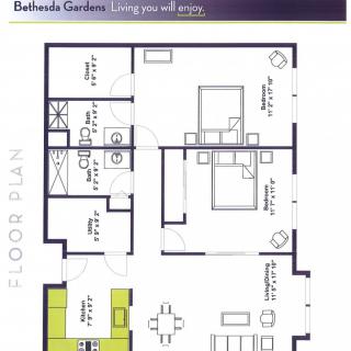 An architectural floor plan layout of an apartment with designated rooms and spaces.