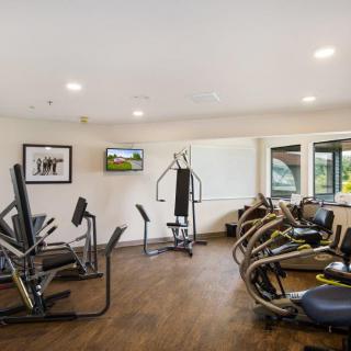 A well-equipped gym with various exercise machines.