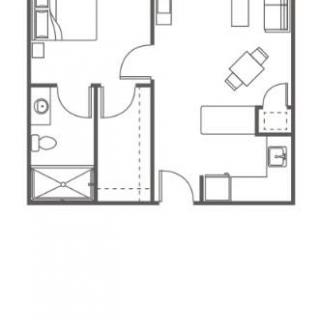 A simple architectural floor plan of a one-bedroom apartment.