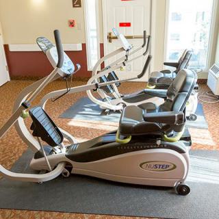A row of recumbent elliptical machines in a well-lit gym space.