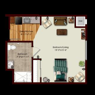 Studio apartment floor plan with living/bedroom area and kitchenette.