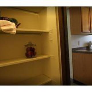 A pantry with shelves and a view into the kitchen.