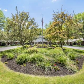 A beautifully landscaped garden with trees and shrubs surrounding a flagpole, adjacent to a driveway.
