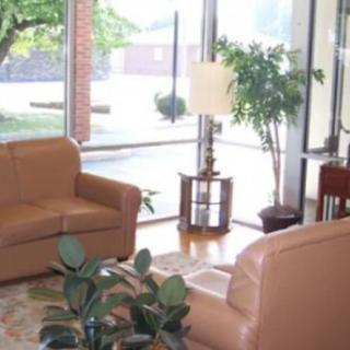A cozy living room with sofas and indoor plants, illuminated by natural light through large windows.
