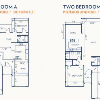 Blueprints of two-bedroom apartment layouts.